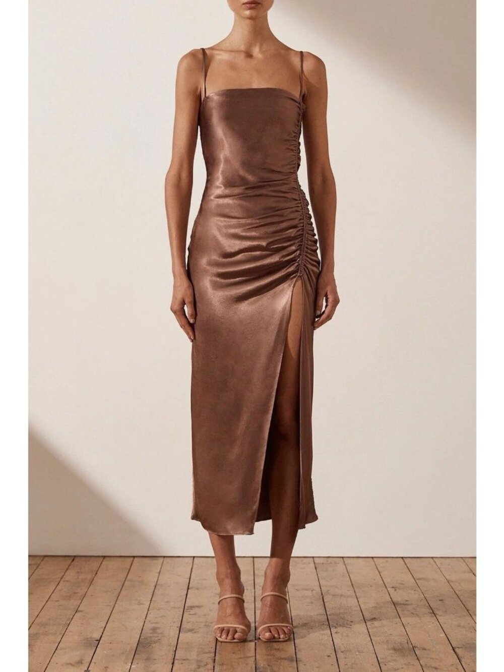 SHONA JOY Lily Bias Ruched Square Neck Dress with Slit Sz 4 Clove